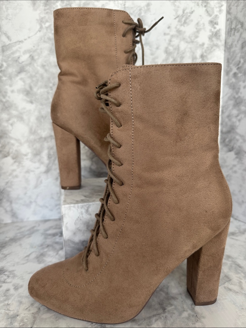 X2B Women's Lace-Up Suede Ankle Boots in Taupe size 7